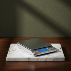 A sleek digital food scale with a stainless steel weighing platform and a bright blue backlit LCD screen illuminated, resting on a white marble slab against a dark green background.