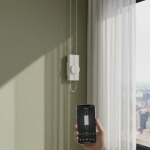 A hand holding a smartphone displaying a smart home app interface, positioned in front of a window where a white smart blind driver is mounted on the wall.