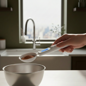A hand holding the digital measuring spoon scale over a mixing bowl in a sunlit kitchen, demonstrating its use for accurately weighing small ingredients.