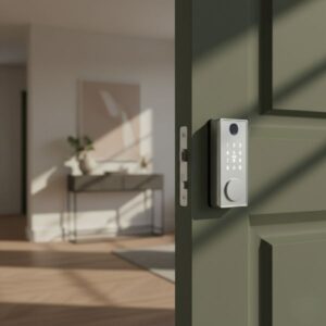 Modern silver smart door lock installed on an olive-green door with warm indoor lighting in the background.