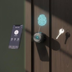 Smart door knob installed on a wooden door, showcasing its compatibility with a floating key, a digital fingerprint graphic, and a smartphone app interface, against an olive green background with shadows.
