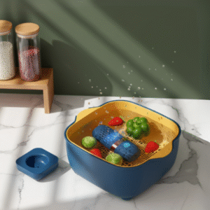 The blue food purifier placed in a yellow and blue bowl of water with vegetables, broccoli and tomatoes, actively cleaning the produce on a kitchen counter.