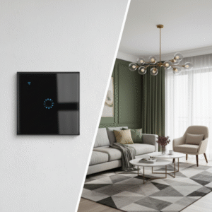 Split-view hero image showing the black European Standard Smart Home Touch Control Console seamlessly installed on a wall. The background transitions to a wide view of a modern, upscale living space featuring an olive green theme, demonstrating the product's integration into a luxurious, smart interior lifestyle.