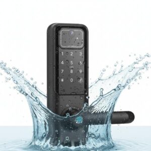 A black smart door lock is shown emerging from a large splash of water, with water droplets visible on its body, illustrating its waterproof feature.