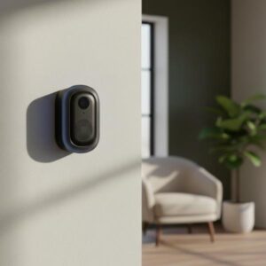 The small black chime unit is installed on a light-colored interior wall. In the blurred background, a modern living space with a chair and an open doorway is visible.