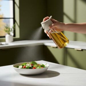 A hand holding the glass oil dispenser and pressing the cap to mist or spray oil evenly over a bowl of fresh green salad.