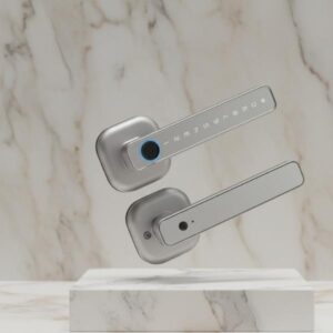 Aesthetic hero shot of the silver smart door lock (exterior and interior units) levitating at a 45-degree angle above a white marble block, with soft shadows.