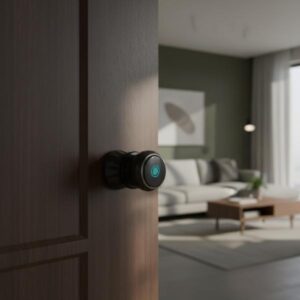 Front side of the smart door knob (with the illuminated fingerprint sensor) installed on a wooden door, opening into a modern living room with an olive green aesthetic.