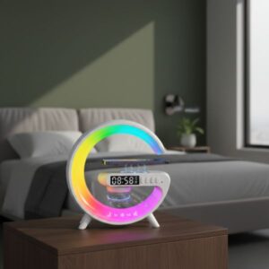 The crescent-shaped smart speaker placed on a nightstand next to a bed in a modern bedroom, functioning as both an alarm clock and ambient light source.