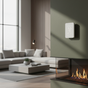 The white smart thermostat mounted on a textured olive-green wall above a modern fireplace, blending seamlessly into a contemporary living room interior.