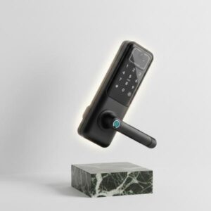 A black smart door lock is shown levitating at a 45-degree angle above a small, dark green and white marble block. The background is a plain light color.