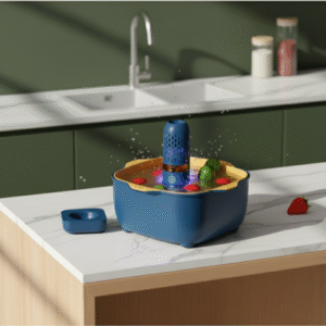 A detailed action shot of the blue food purifier actively working in a bowl on a marble kitchen counter, creating a fine spray of sanitizing water.