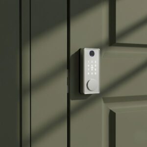 Close-up view of a silver smart door lock mounted on a detailed olive-green paneled door.