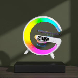 An artistic, dynamic shot of the white C-shaped ambient light/speaker hovering above a dark base, highlighting its unique modern curvature.