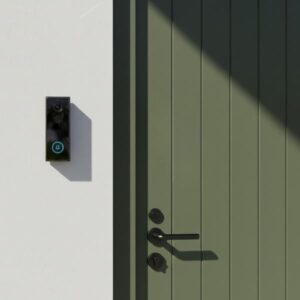 The black doorbell unit is installed straight on a white wall to the left of a dark olive green main entrance door with a black handle. The scene is lit with strong shadows.