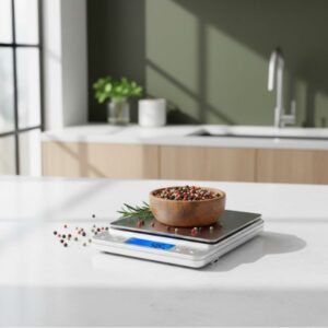 The digital kitchen scale sitting on a clean white counter top in a sunlit modern kitchen. A wooden bowl filled with colorful peppercorns is being weighed on the platform.