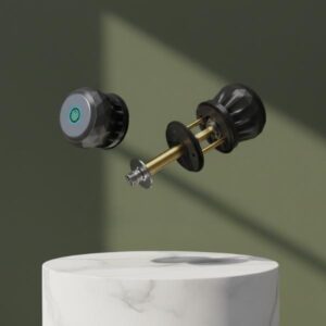 Exploded view of the smart door knob components (front and back sections) floating next to a levitating key, set above a white marble pedestal against an olive green background with shadows.