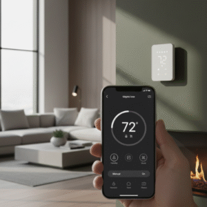 A first-person perspective of a hand holding a smartphone showing a smart home app interface set to 72 degrees, interacting with the physical thermostat mounted on the wall in the background.