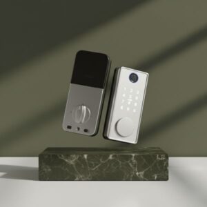 Silver smart door lock and matching smartphone display standing on a green marble block under soft directional light.