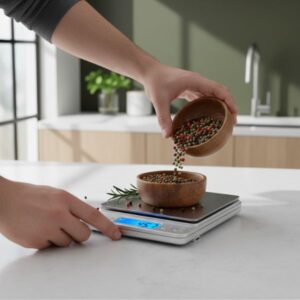 A close-up action shot of hands using the scale; one hand pours spices from a bowl while the other index finger presses the button on the scale, demonstrating the tare feature.