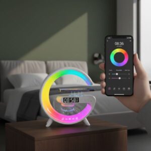 A hand holding a smartphone displaying an RGB color wheel app, adjusting the vibrant lighting settings of the crescent-shaped smart lamp in the bedroom background.