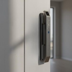 A vertical, dark grey smart door lock is mounted on a white door or wall, shown from a slight side angle. The background is bright, suggesting an interior setting with natural light.