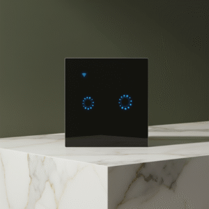 A high-quality, professional hero shot of a modern black glass smart Wi-Fi light switch. The switch, featuring two illuminated blue touch circles, is displayed on a white marble block with golden veins against a dark olive green background.