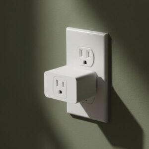 The white rectangular smart plug is shown attached to a standard wall socket on an olive green wall. Soft, aesthetic shadows fall across the wall and the plug.