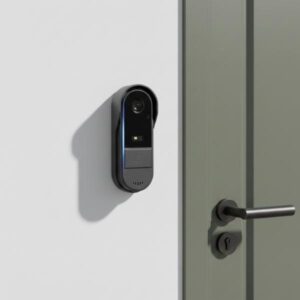 The black smart doorbell unit is installed vertically on a white wall. The view includes a portion of an olive green door and its handle, indicating the main entrance of a house.