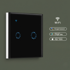A sleek, black glass smart light switch shown next to compatibility logos for Wi-Fi, Google Assistant, Google Play, and the App Store. The product is set against a dark olive green background, highlighting its smart home integration features.