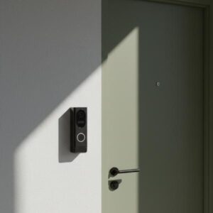 A black rectangular doorbell unit is installed on a white wall next to an olive green door with a handle. Strong sunlight casts a sharp, angular shadow across the wall and door.