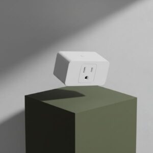 The white rectangular smart plug is levitating at a 45-degree angle to the right, above an olive green block. The background is a white wall with soft shadows, creating an aesthetic and modern look.