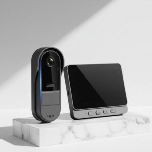 The smart doorbell unit and its accompanying black display screen (turned off) are standing together on a white marble block with soft gray veins. The background is white with subtle shadows.