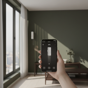 A hand holding a smartphone displaying a smart home app interface for curtain control, positioned in a modern room with large windows and the physical device visible in the background.