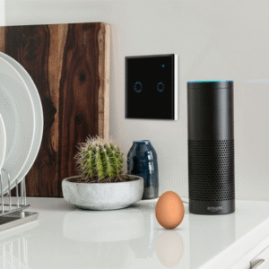 A smart light switch mounted on a white wall in a kitchen setting. A black Amazon Echo speaker and a potted cactus sit on a white countertop below, with a wooden cutting board and white plates visible in the background. An egg also rests on the countertop