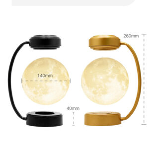 Two versions of a levitating moon lamp displayed side-by-side, one in matte black and one in gold, with key product dimensions overlaid. The image shows the moon sphere diameter at 140 mm, the total height at 260 mm, and the height of the base at 40 mm.