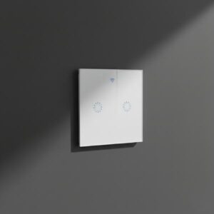 Four different images showing a white smart light switch in various settings, including on dark podiums and installed on a wall.