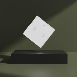 A close-up of a white smart light switch detailing its Wi-Fi connectivity and compatibility with Google Assistant, Alexa, Google Play, and App Store.