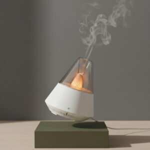 Five small images showing the volcano diffuser in different scenes: on a desk, levitating, on a laptop desk, on a marble block, and on a green block.