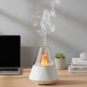 Close-up of the round white volcano aroma diffuser, showing the lava-like interior and four distinct smoke rings rising.