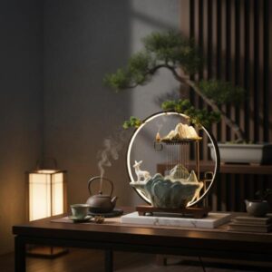 Close-up of the geometric white flame-effect diffuser sitting on a white study desk with a laptop and stacked books in the background.