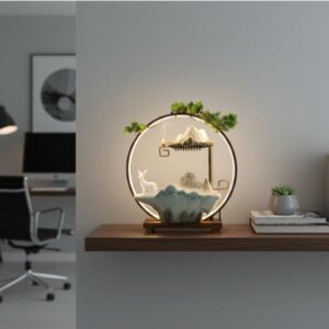 White flame-effect diffuser placed on a modern wooden coffee table in a bright, blurred living room with a sofa.