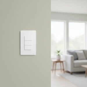 A white three-gang smart switch is installed on a light olive green wall in a blurred modern living room interior.
