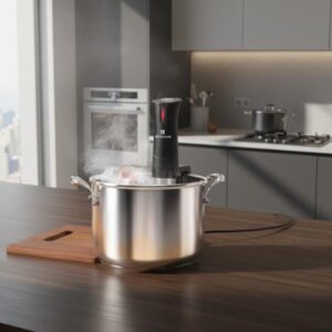 Black sous vide cooker immersed in a pot of water on a kitchen counter next to a window, with steam rising.