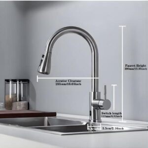 Technical diagram of a stainless steel kitchen faucet showing dimensions: Faucet Height 390mm/15.35inch, Aerator Clearance 255mm/10.03inch, and Switch length 115mm/4.52inch.