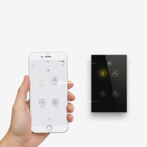 A hand holds a smartphone showing a remote control app interface next to a white and a black smart switch. The background is white.