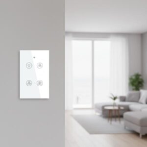 A white smart switch is installed on a light grey wall in a modern living room with soft-focus background.