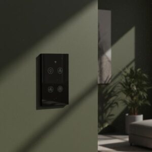 A black smart switch is installed on an olive green wall, highlighted by aesthetic shadows from a nearby plant.