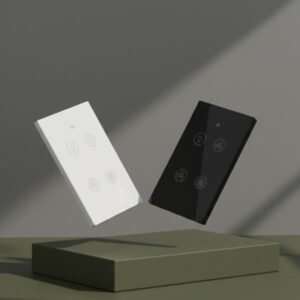 A white and a black smart switch are levitating mid-air, angled away from each other, above a matte olive green block.