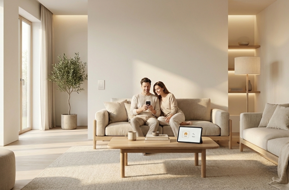 A young couple sitting on a sofa in a bright, modern living room using a tablet and smartphone to control their Brionest smart home automation system.